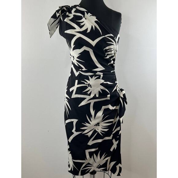 Unbranded Dresses & Skirts - VINTAGE Black White Floral One Shoulder Knee Length Bodycon Bow Dress 2 4 VTG